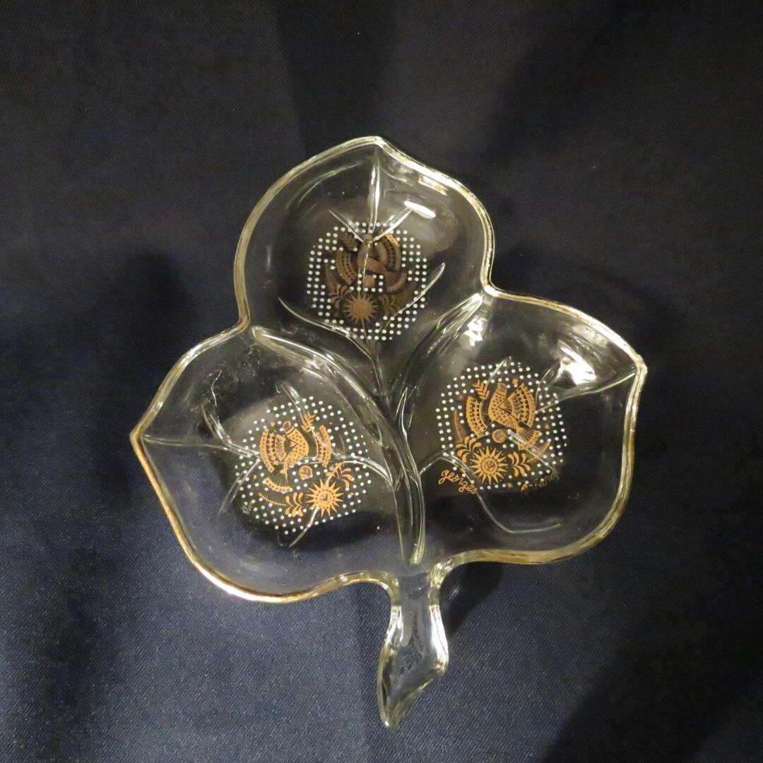 Georges Briard Divided Glass Relish Dish With Gold Graphics of Birds ...