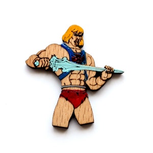 wood He-Man Masters of the Universe brooch, pin, hand painted