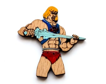 broszka, przypinka z drewna He-Man Masters of the Universe, malowana ręcznie