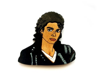 wood Michael Jackson brooch, pin, hand painted