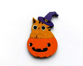 Halloween cat brooch, pin, hand painted