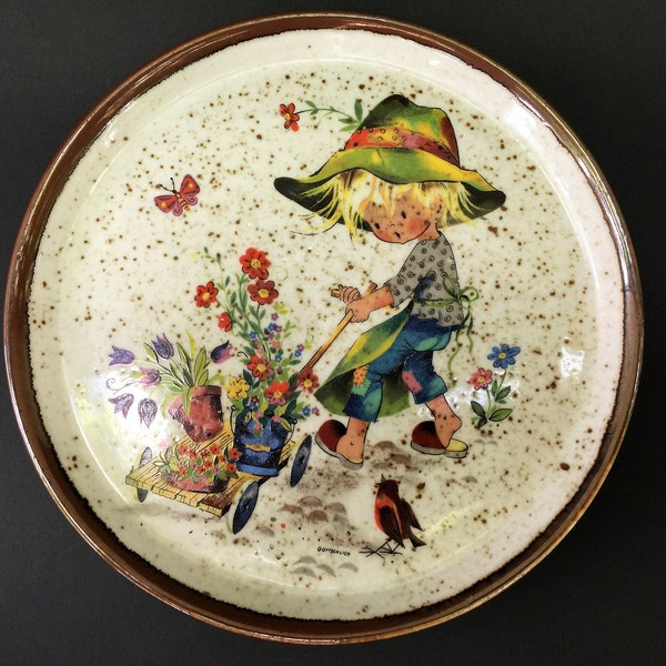 Display Plate Purbeck Art Pottery Gisela Gottschlich England Gardening Girl 70s Stoneware