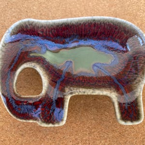 Elephant Ring Trinket Dish Flambé Red Green Blue Glaze Thailand
