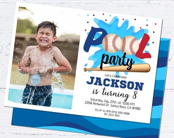 Editable Baseball Pool Birthday Party Photo Invitation Instant Template Download Kids Sports Swimming Party Celebration Invite