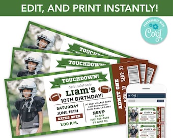 Editable Football Ticket Birthday Party Invitation Instant Template Download Kids Sports Party Celebration Invite, American Football