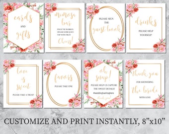 Brautparty und Hochzeit Zeichen Bundle 8x10, erröten, Blumen, Rosa, Gold, Rose Blume, bearbeitbar, druckbare Sofort Download, Set von 8