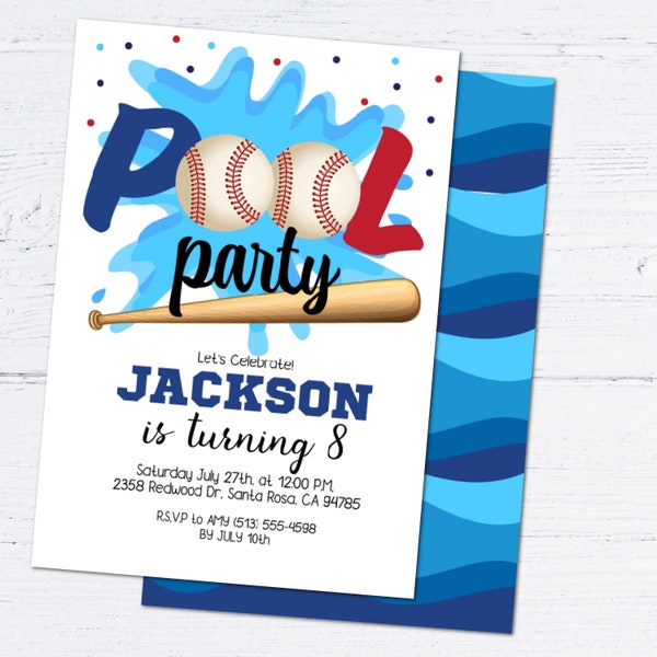 Editable Baseball Pool Birthday Party Invitation Instant Template Download Kids Sports Swimming Party Celebration Invite