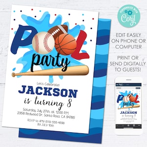 Editable Sports Pool Birthday Party Invitation Instant Template Download Kids Sports Swimming Party, Basketball, Football, Baseball