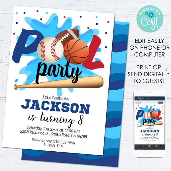 Editable Sports Pool Birthday Party Invitation Instant Template Download Kids Sports Swimming Party, Basketball, Football, Baseball