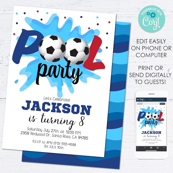 Editable Soccer Pool Birthday Party Invitation Instant Template Download Kids Sports Swimming Party, Soccer Party