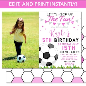 Mädchen-Fußball-Rosa-Geburtstags-Party-Einladung, bearbeitbar, sofortiger Vorlagen-Download Kindersport-Party-Feier-Einladung