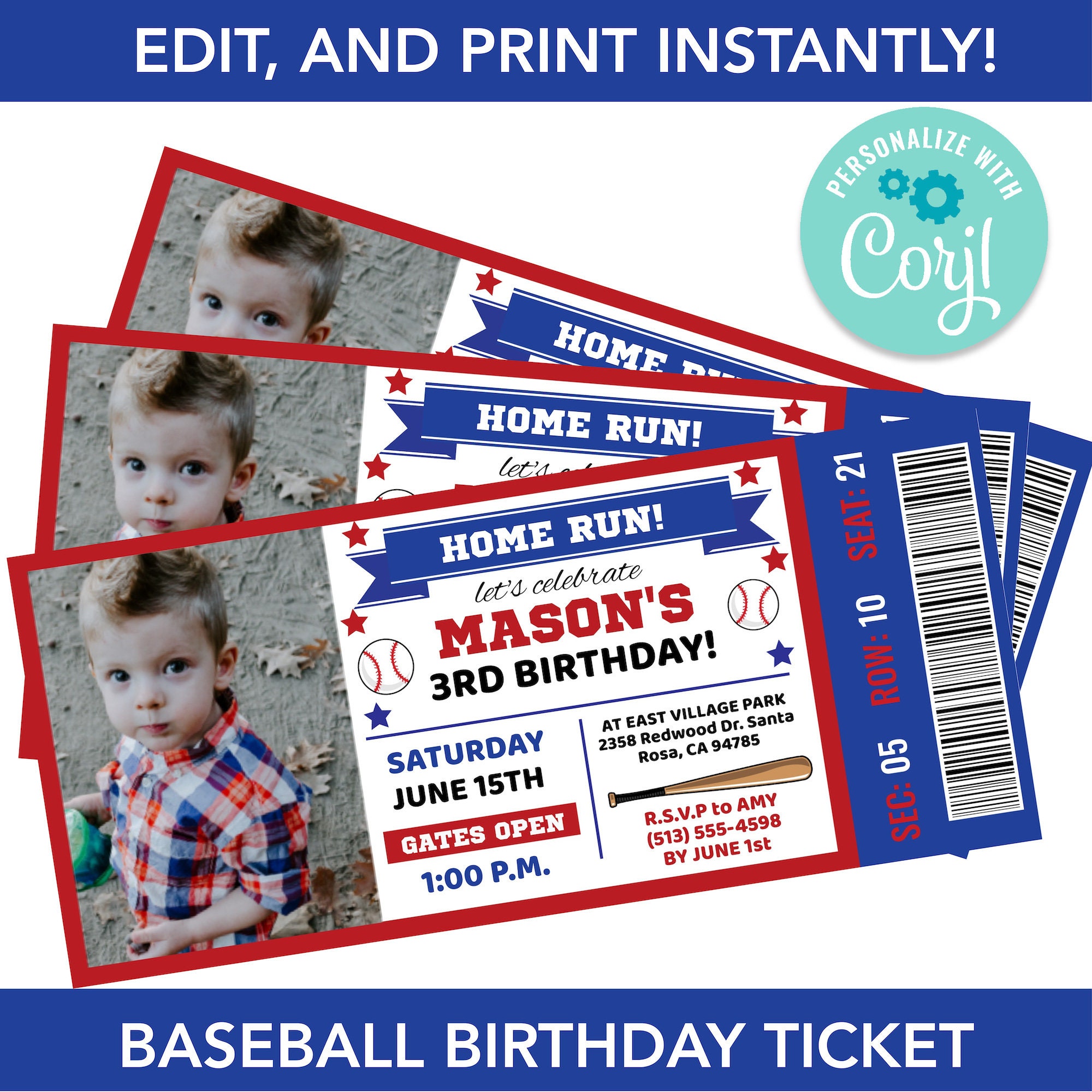 Editable Baseball Ticket Birthday Party Invitation Instant Template D…