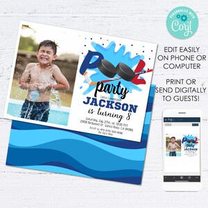 Editable Hockey Pool Birthday Party Invitation with Photo Instant Template Download Kids Sports Swimming Party, Hockey Pool Party