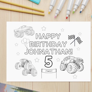 Editable Monster Truck Birthday Coloring Placemat Template, Personalized Coloring Page, Monster Trucks Birthday Party Theme, Edit Name, Age