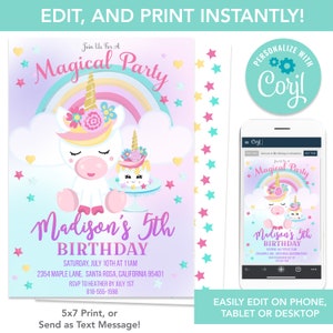 Modèle instantané modifiable d&#39;invitation de fête d&#39;anniversaire de licorne Télécharger l&#39;invitation de célébration de fête d&#39;arc-en-ciel de licorne