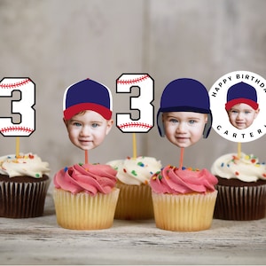 Baseball Cap,Helmet with Editable Face Cupcake Toppers, Baseball Number Cupcake Toppers, Baseball Birthday Cake Topper, Baseball Party Decor