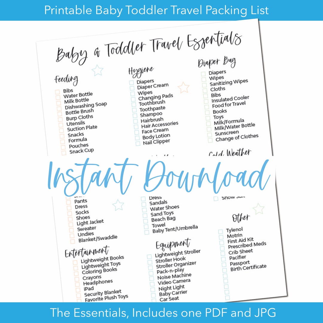 Baby Toddler Travel Essentials Printable Packing List, PDF and JPG
