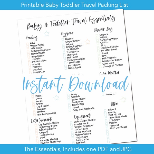 Baby Toddler Travel Essentials Printable Packing List, PDF and JPG, Baby Travel List, Kids Travel Packing List