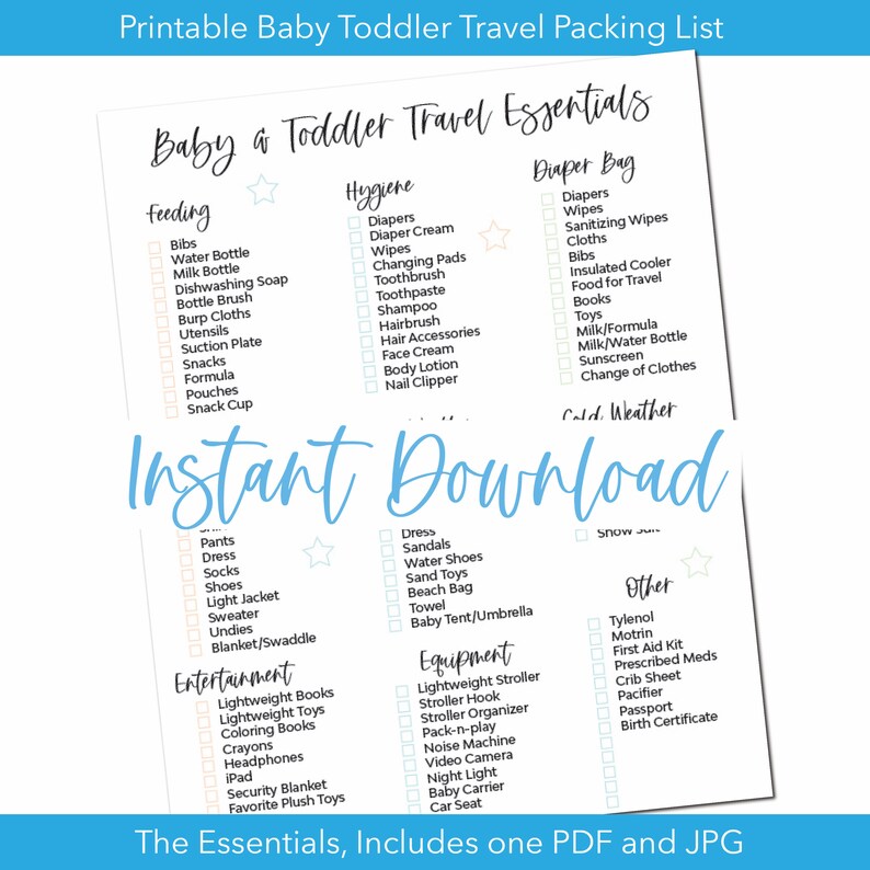 Baby Toddler Travel Essentials Printable Packing List, PDF and JPG