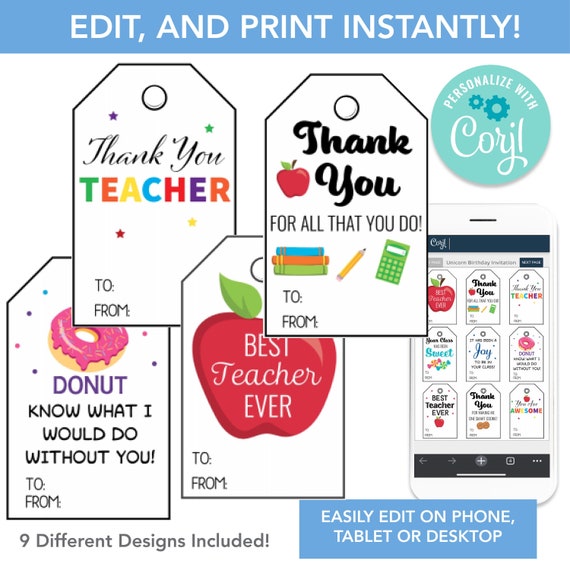 Teacher Appreciation Gift Tags Editable, Printable Custom Thank