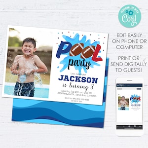 Football Pool Birthday Party Invitation with Editable Photo, Instant Template Download Kids Sports Swimming Party, Football Pool Party