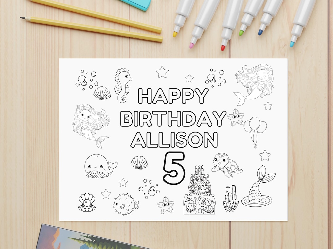 Editable Mermaid Birthday Coloring Placemat Template, Personalized ...
