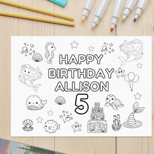 Editable Mermaid Birthday Coloring Placemat Template, Personalized Coloring Page, Mermaid Birthday Party Theme, Edit Name, Age