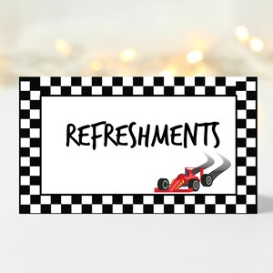 Bewerkbare raceauto verjaardagsfeestje voedseltafellabels, racefeestvoedseltentkaart, afdrukbare racefeestplaatskaartbord, raceautodecoratie