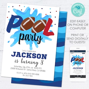 Editable Football Pool Birthday Party Invitation Instant Template Download Kids Sports Swimming Party, Football Pool Party