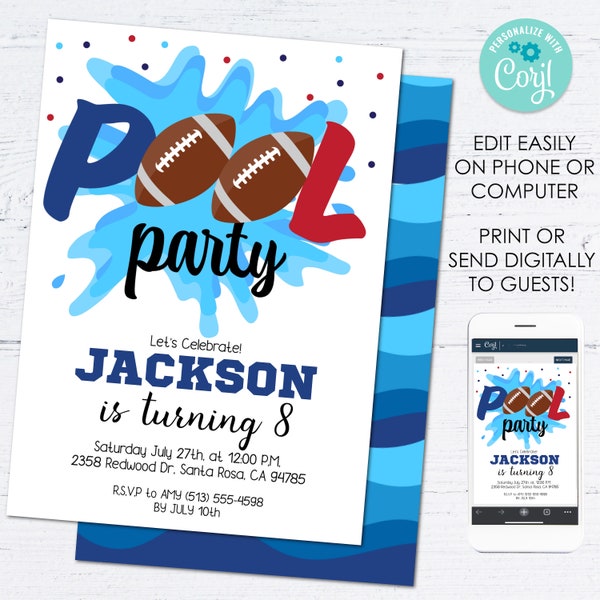 Editable Football Pool Birthday Party Invitation Instant Template Download Kids Sports Swimming Party, Football Pool Party