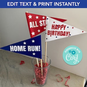 Editable Baseball Pennant Flags, Instant Template Download, DIY Flags, Kids Baseball Birthday Sports Party Celebration