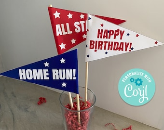 Editable Baseball Pennant Flags, Instant Template Download, DIY Flags, Kids Baseball Birthday Sports Party Celebration