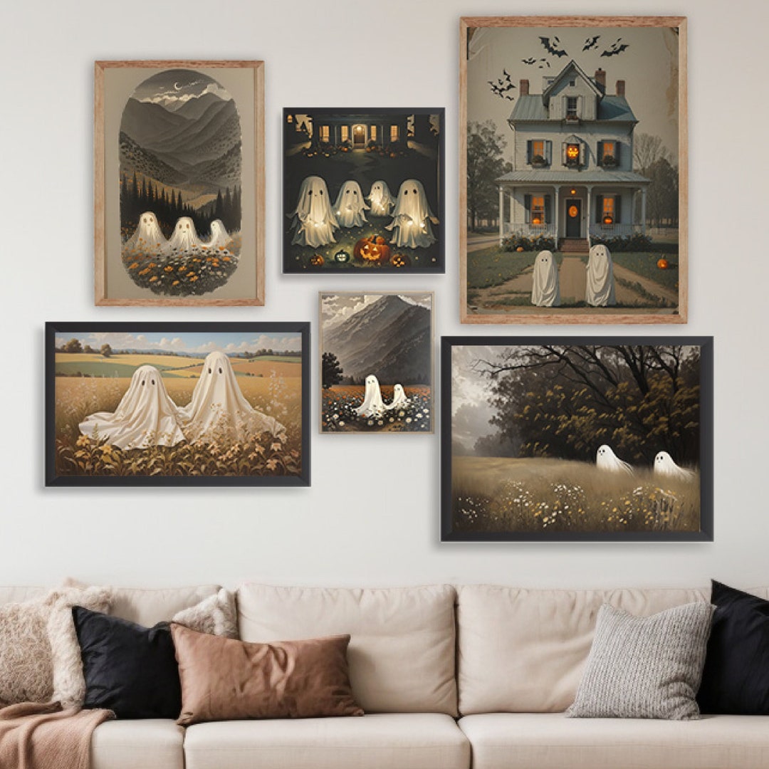 Halloween Ghosts Wall Art Prints, Set of 6, Halloween Digital Wall Art ...