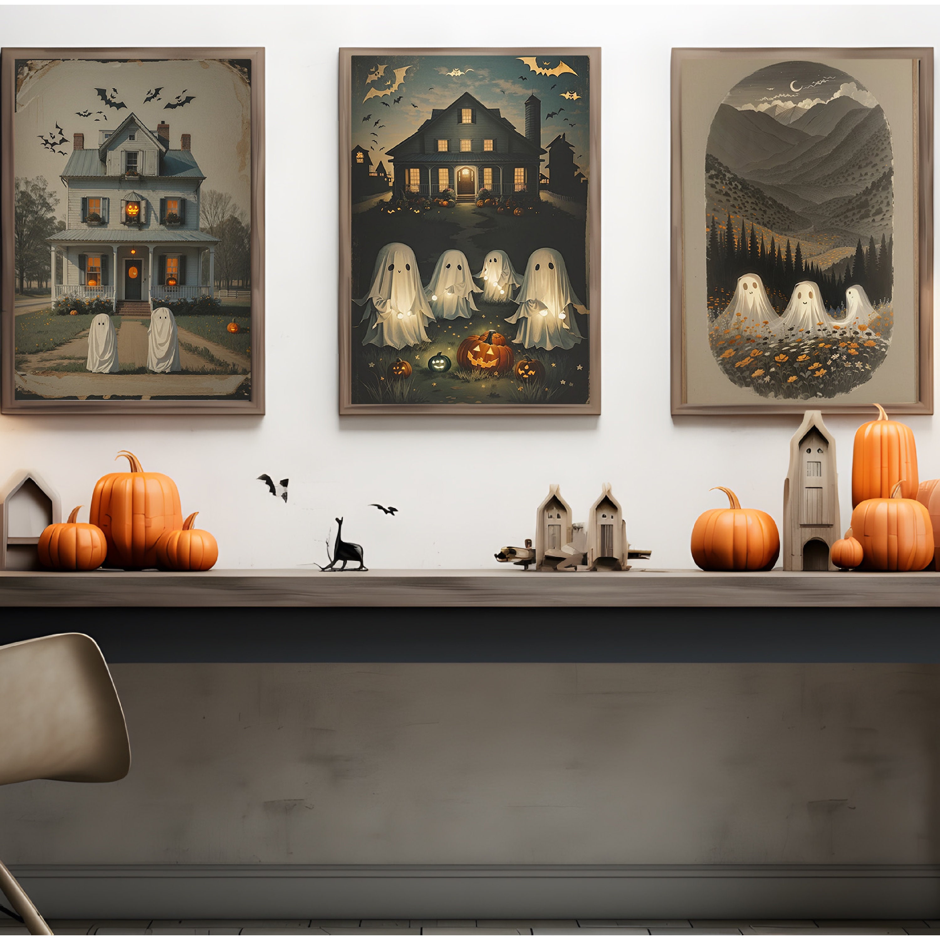 Halloween Ghosts Wall Art Prints, Set of 6, Halloween Digital Wall Art ...