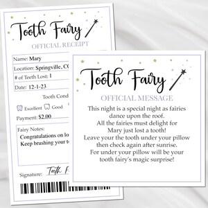 Reçu imprimable modifiable de fée des dents et paquet de cartes de message, certificat de dent perdue, reçu de récompense de dent de bébé, souvenir d’enfants de fée des dents