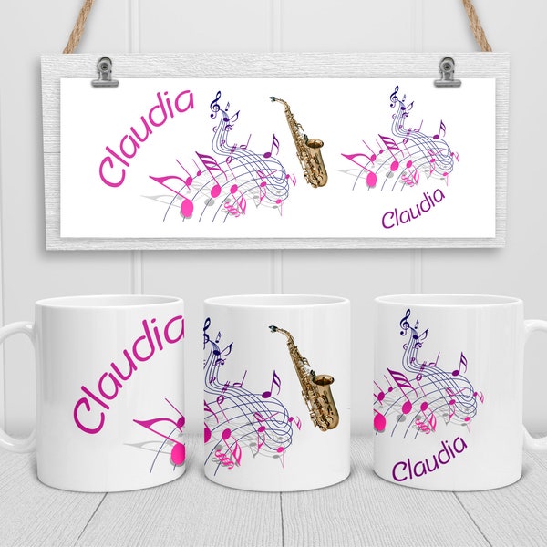 Personalisierte Musiker-Tasse. Kaffeetasse mit Noten, Saxophon und mit Namen. Perfekt als Geschenk für Saxophonistin und Saxophonist.