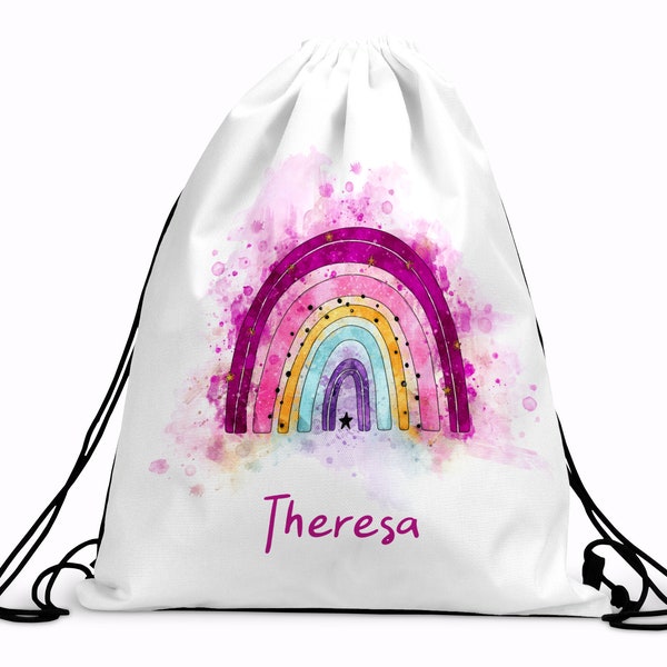 Turnbeutel, Zugbeutel, Rucksack mit Regenbogen und Name bedruckt. Prima Geschenkidee.