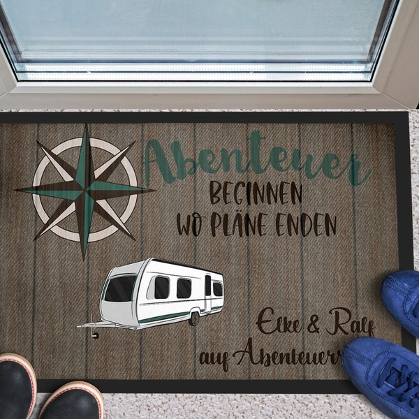 Personalisierte Fußmatte für Camper. Camping Fußabstreifer Wohnwagen „Abenteuerreise“