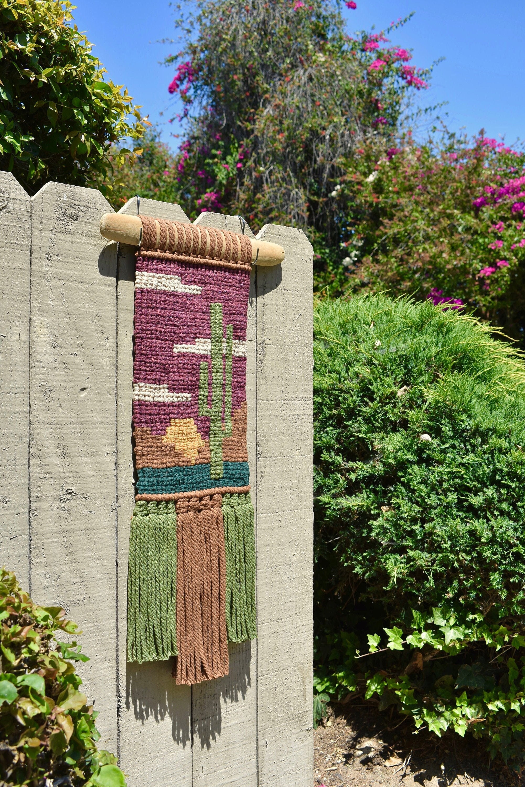 Sonoran Cactus Sunset Macrame Wall Hanging: Recycled Cotton, Driftwood Art