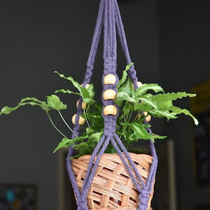 Handmade Macrame Plant Hanger / Recycled Cotton / Wooden O Ring / Wood Beads / Purple and Avocado