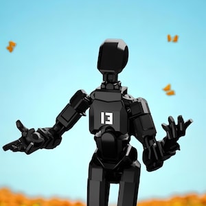 Puede incluir: Una figura de robot negro con el número 13 en el pecho se encuentra en un campo de flores naranjas y amarillas. El robot tiene los brazos extendidos, con un cielo azul y mariposas naranjas en el fondo.