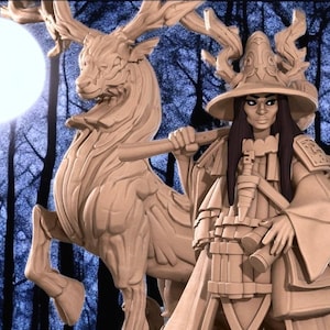 May include: A beige-colored fantasy figurine of a warrior woman with a hat, holding a staff, and standing next to a deer. The background features a forest and a large, bright moon.