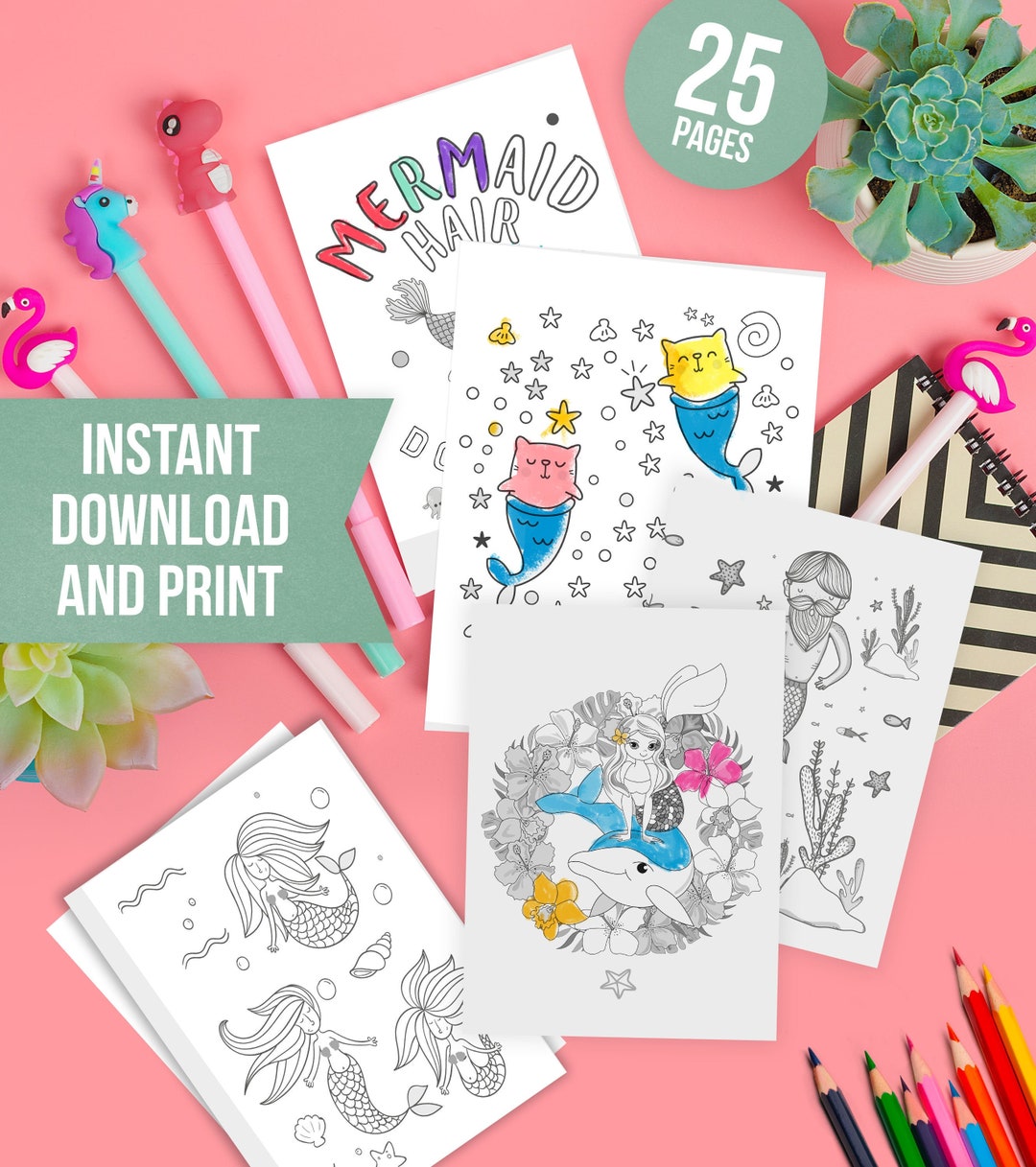 Premium Mermaid Coloring Pages and Activity Book | 25 Pages | Mermaid ...