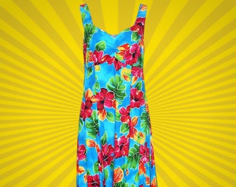 Turquoise Hawaiian Sundress Dress, Tropical Hibiscus Tank Dress, Aloha Dress, Vacation, Beach Dress