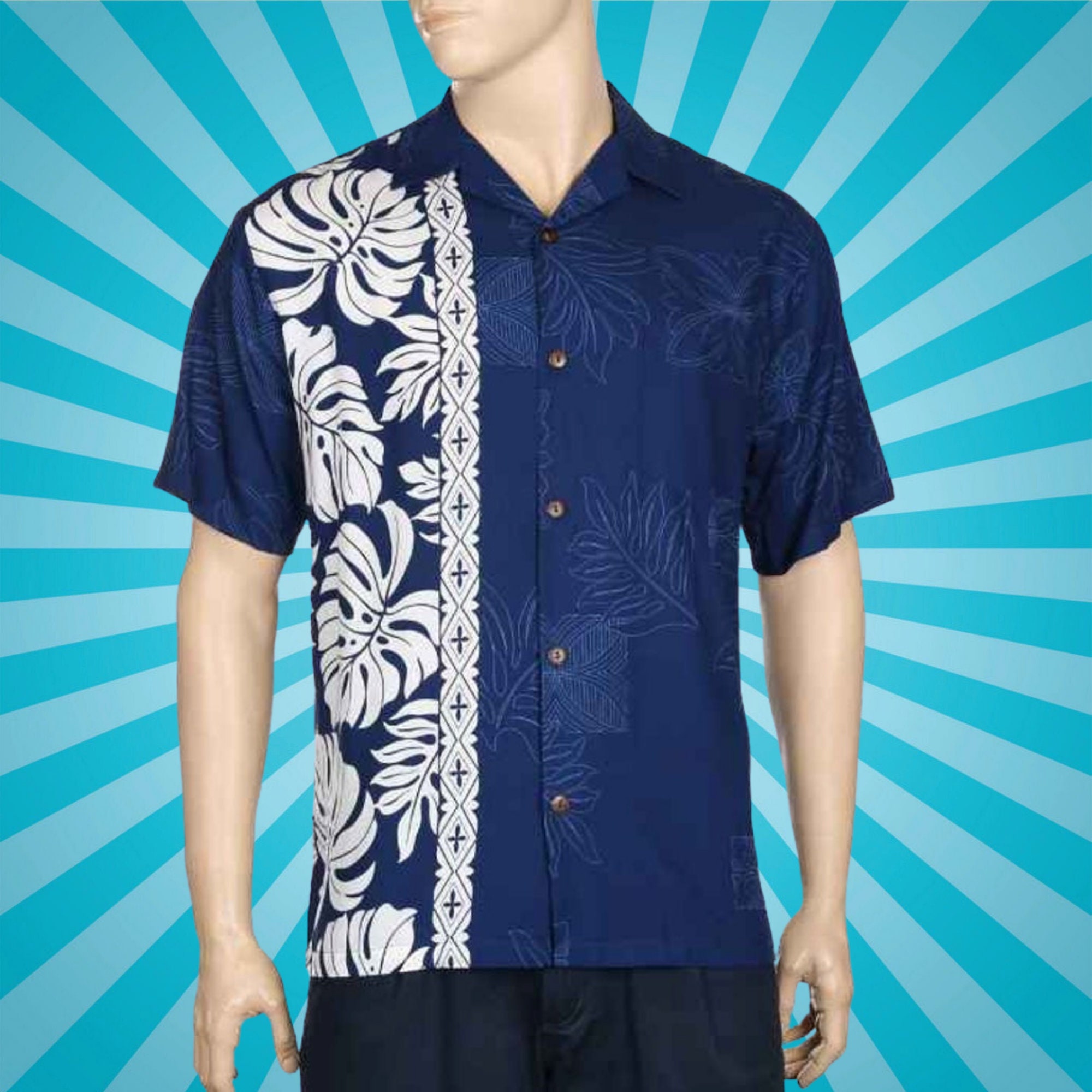 Premium Navy Blue Band Hawaiian Shirt Mens Aloha Shirt 