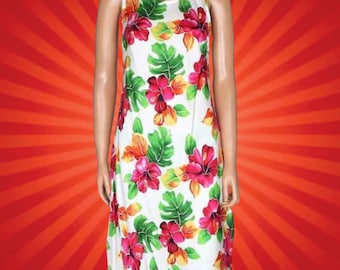 White Hibiscus Knee Length Dress, Hawaiian Dress, Aloha Dress, Vacation, Beach Dress