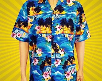 Blue Sunset Hawaiian Shirt, Aloha Button Down Shirt, Hawaii Island, Made in Hawaii, Coconut Buttons, Loose Hang