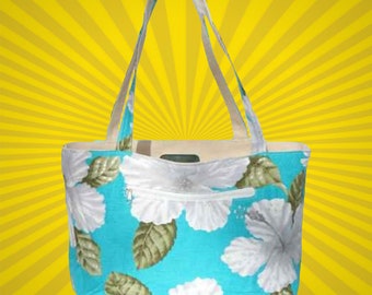 Blue and White Tropical Beach Tote Bag, Reversible, Hawaiian, Hibiscus Print, Water Resistance Printed Canvas and Dobby Cotton