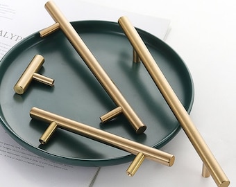 Solid Brass T-Bar Cabinet Handles: Gold Furniture Pulls Cupboard Handles