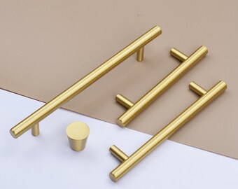 Solid Brass Gold Cabinet Knobs and T-Bar Handles: Modern Brushed Furniture Wardrobe Pulls